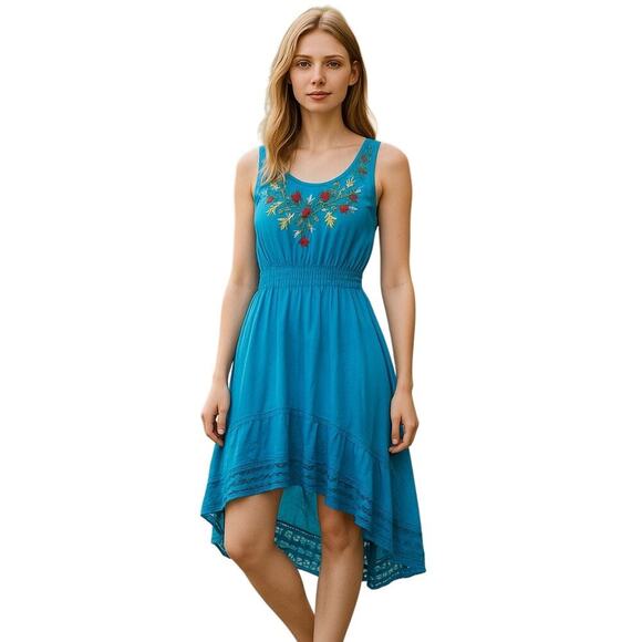Johnny Was Cotton Embroidered High Low Teal Dress Boho Elastic Waist size XS - Picture 1 of 8